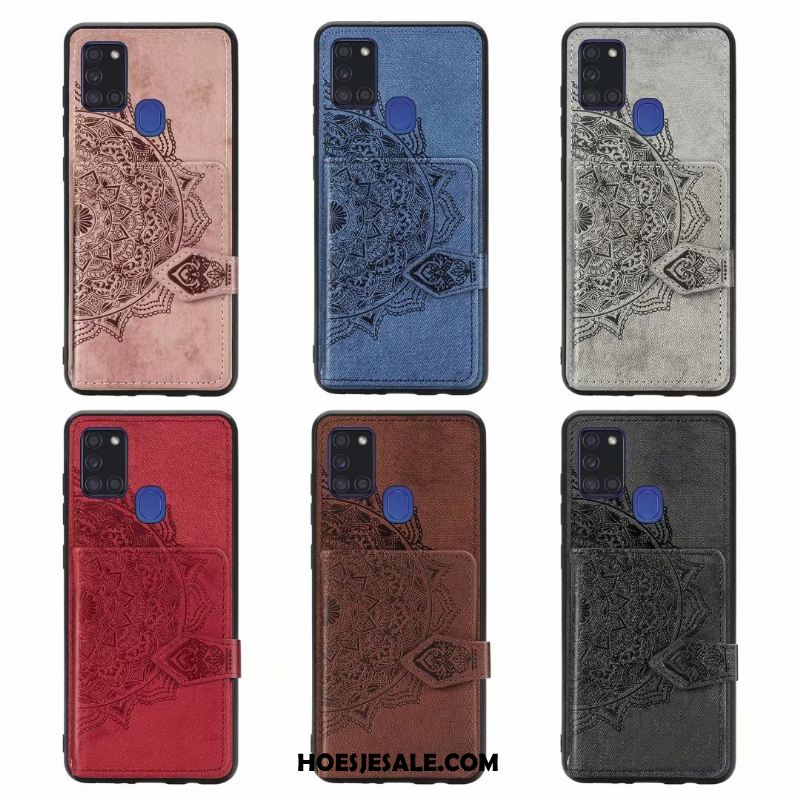 Samsung Galaxy A21s Hoesje Portemonnee Blauw Doek Leren Etui Kaart Tas Sale