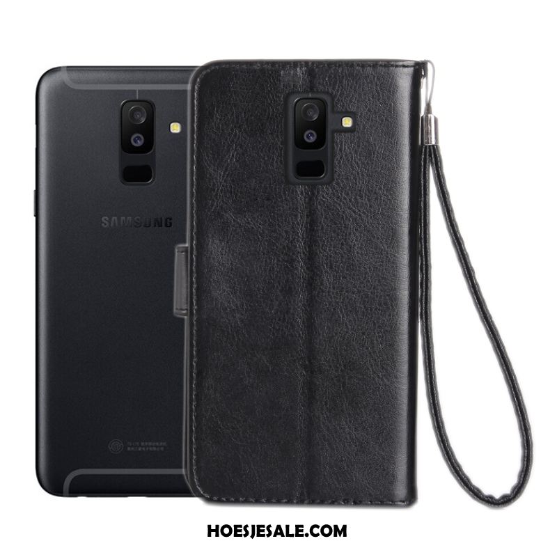 Samsung Galaxy A6+ Hoesje Ster Zwart Leren Etui Hoes Bescherming Goedkoop