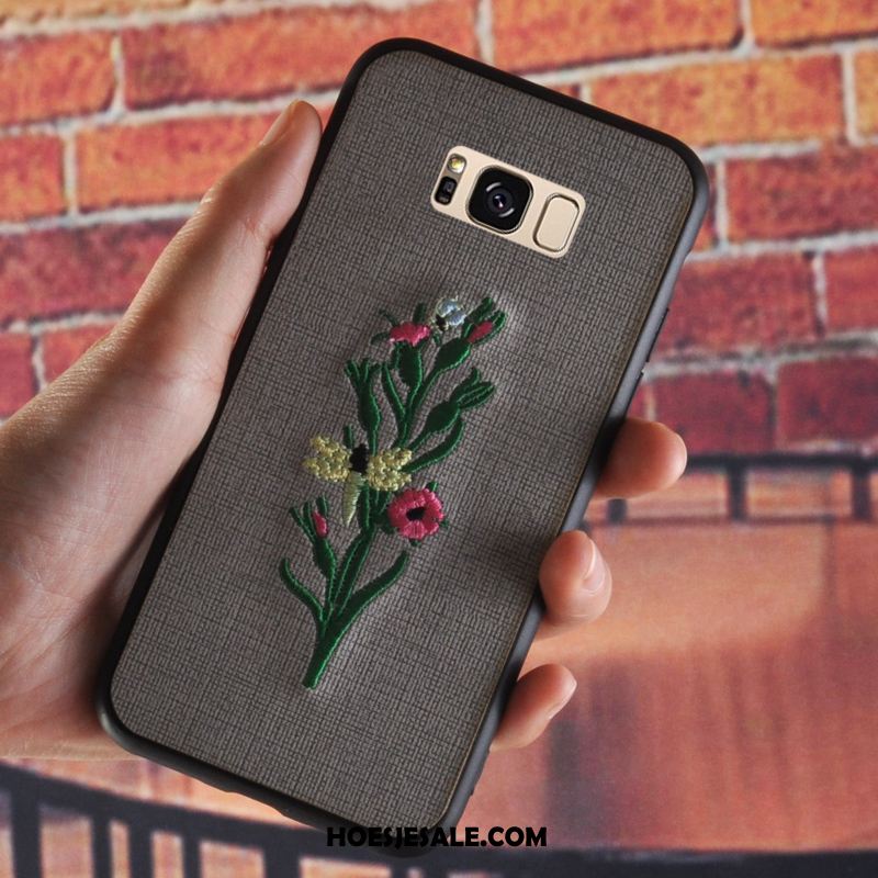 Samsung Galaxy S8 Hoesje Grijs Vintage Flanel Bloemen Borduurwerk Kopen