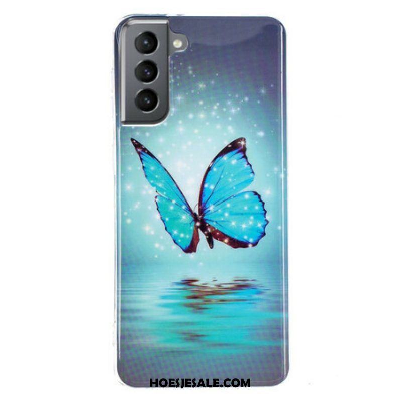 Telefoonhoesje voor Samsung Galaxy S21 FE Fluorescerende Blauwe Vlinder