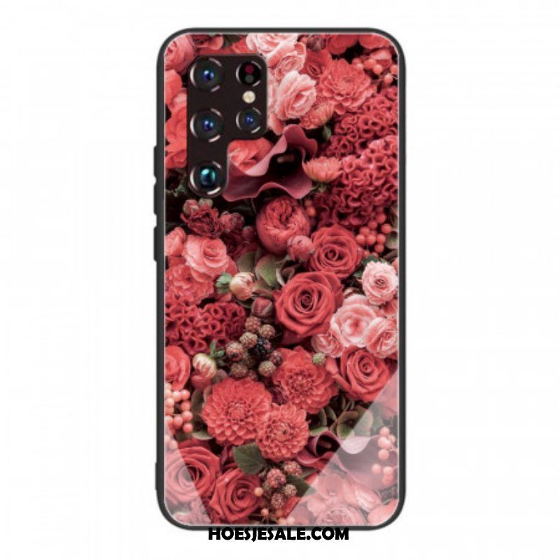 Telefoonhoesje voor Samsung Galaxy S22 Ultra 5G Rose Bloemen Gehard Glas