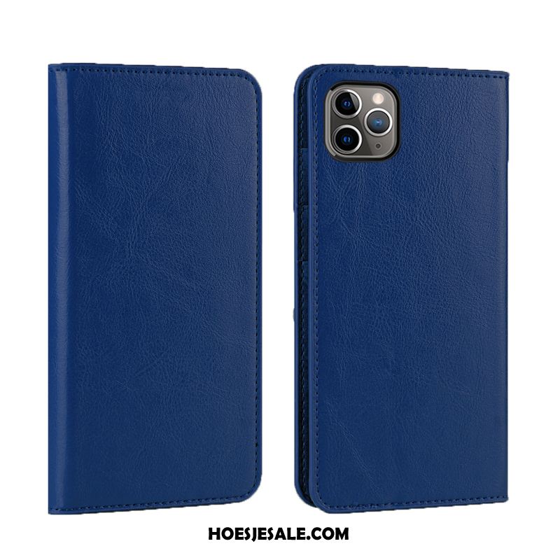 iPhone 12 Pro Hoesje Clamshell Blauw Echt Leer Anti-fall High End Goedkoop